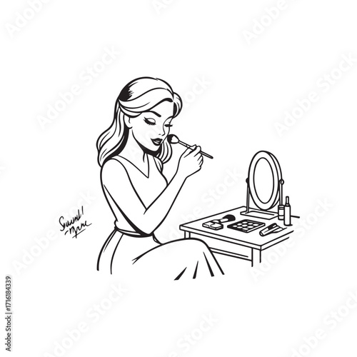 Black and white line art of a beautiful woman doing makeup at dressing table with mirror illustration