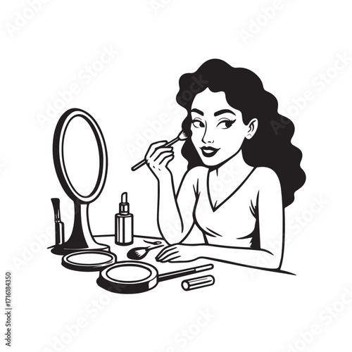 Black and white line art of a beautiful woman doing makeup at dressing table with mirror illustration