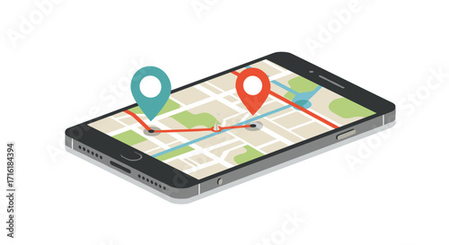 3d isometric smartphone with gps navigation map and location pins
