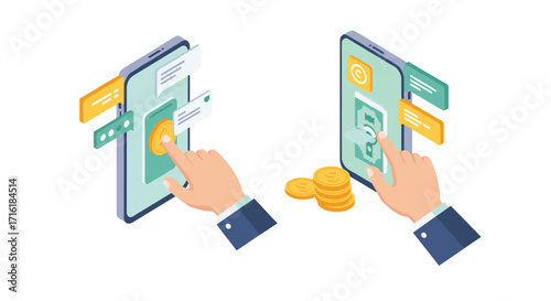 Mobile payment and online banking in isometric 3d style