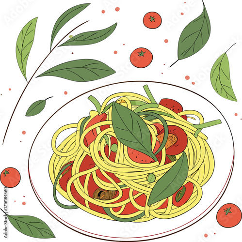 Vibrant plate of spaghetti with fresh basil leaves and cheese