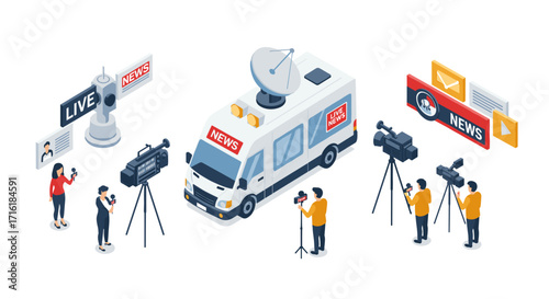 Isometric news team with reporting van and cameras