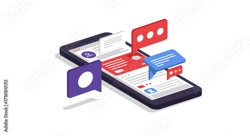 Isometric smartphone with social media notifications and chat bubbles in a modern design