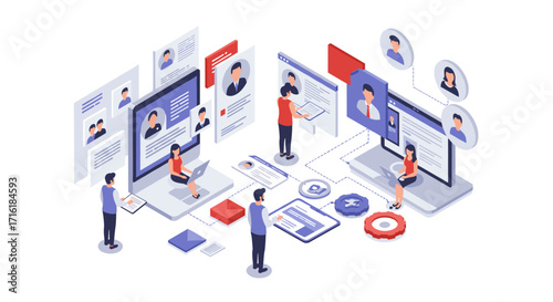 Isometric team collaboration and digital workspace concept with laptop and documents