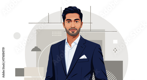 Vector portrait of a confident businessman in a navy suit, against an abstract geometric background, conveying a professional and sophisticated mood.