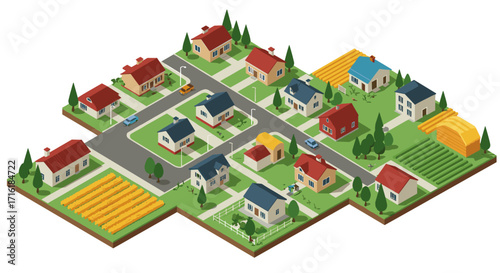 Charming isometric suburban neighborhood with modern houses and greenery