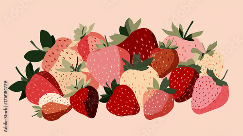 Colorful strawberries on pink background in flat design style  
