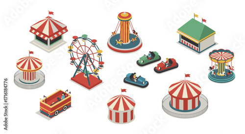 Isometric amusement park rides and attractions set for design projects