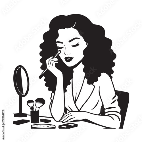 Black and white line art of a beautiful woman doing makeup at dressing table with mirror illustration