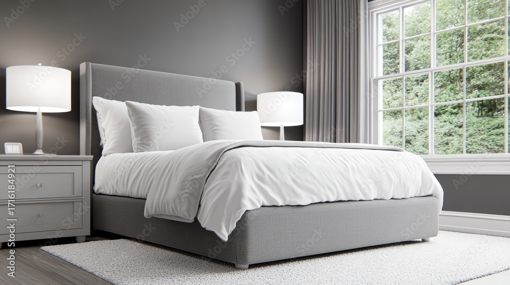 Fototapeta premium The minimalist bedroom features gray concrete walls, a plush bed with white sheets and gray pillows, and soft lighting from stylish lamps. A window lets in natural light