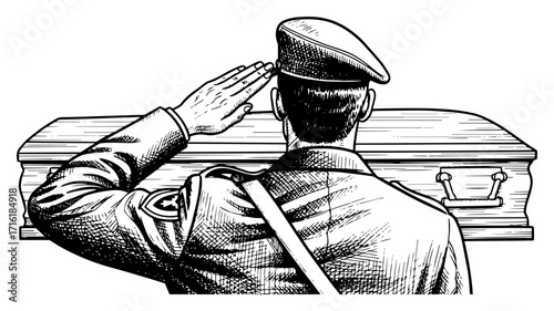 Soldier Saluting a Coffin at a Military Funeral Black Shape Vector Laser Cutting Engraving Monochrome Print