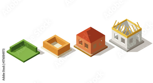 Isometric building construction stages: foundation to roof