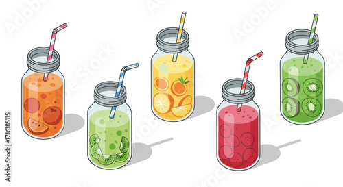 Colorful assorted smoothies in mason jars with striped straws on white background in isometric style