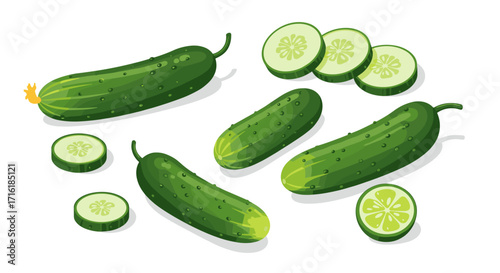 Fresh green cucumbers and slices on white background