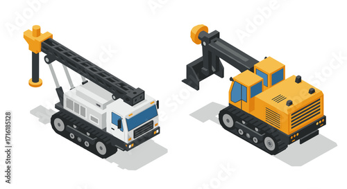 Isometric construction equipment: crane and bulldozer on white background