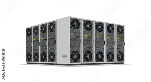 Modern data center server racks in realistic 3d design