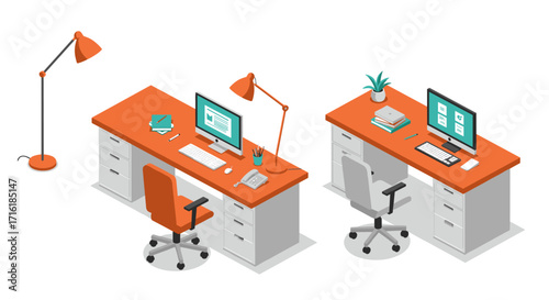 Isometric office workspace design with desks and computers