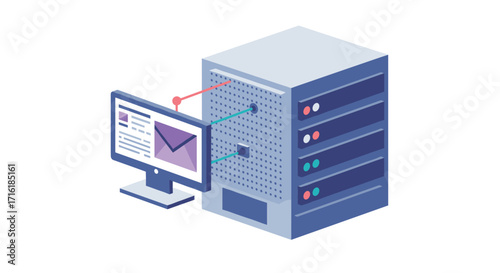 Isometric server and desktop connected for email communication