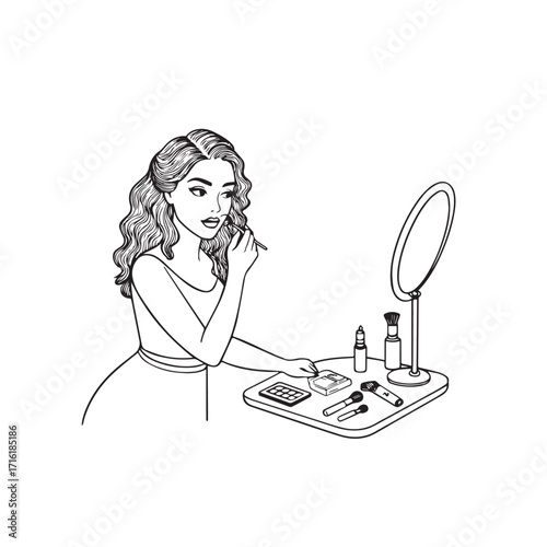 Black and white line art of a beautiful woman doing makeup at dressing table with mirror illustration