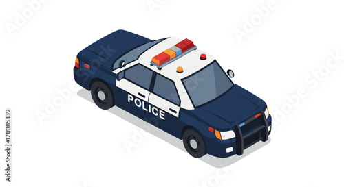 Isometric police car with roof lights and decals on white background