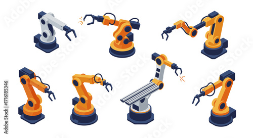 Robotic arms in isometric style: industrial automation and manufacturing technology