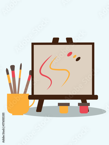 An easel displaying a simple abstract painting with paintbrushes in a cup and paint pots nearby.