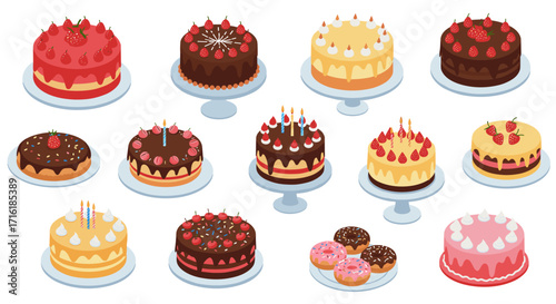 Assortment of delicious cakes with strawberries, chocolate and donuts on pedestals in isometric style