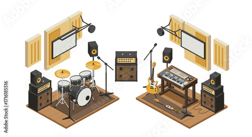 Modern isometric recording studio with musical instruments and acoustic panels