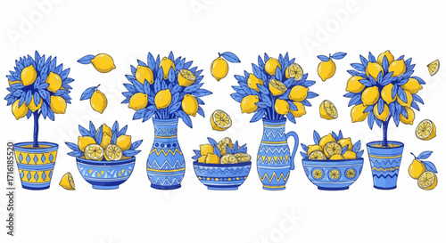 Vibrant lemon trees and bowls bursting with fresh citrus bring Mediterranean charm to any design project.
