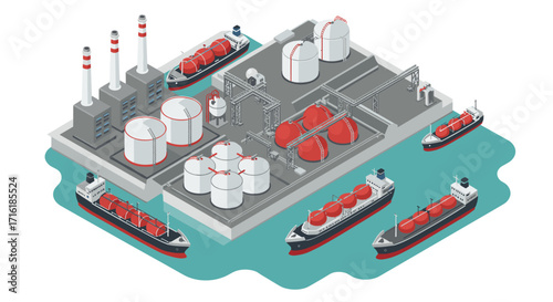 Isometric industrial port with cargo ships and storage tanks