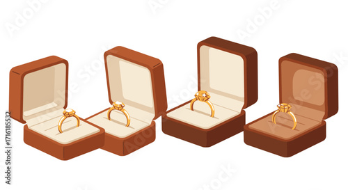 Elegant golden rings in open boxes on white background