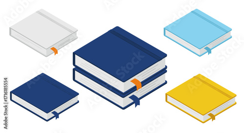 Colorful isometric notebooks featuring stacks and single books with bookmarks