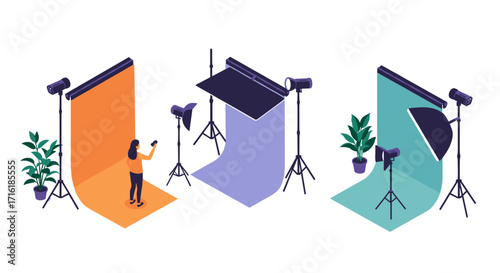 Isometric photography studio setup with lighting equipment and colorful backdrops