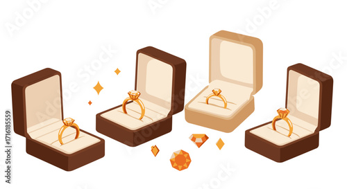 Elegant engagement rings in jewelry boxes with sparkling gemstones