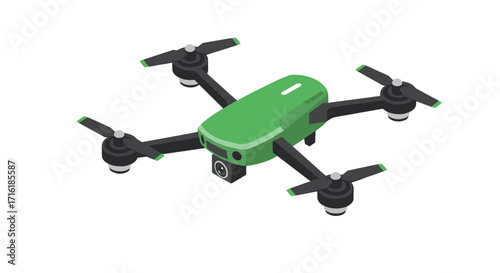 Green drone isometric design with camera and rotating blades on white background