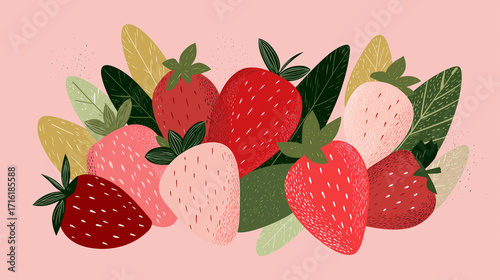 Colorful illustration of strawberries and leaves on pink background  