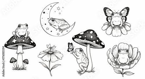 Whimsical frogs and magical mushrooms create enchanting woodland scenes for creative projects