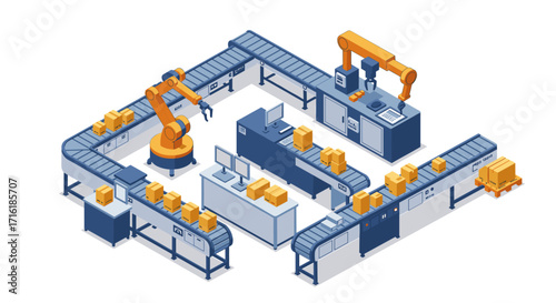 Isometric automated factory with robotic arms and conveyor system