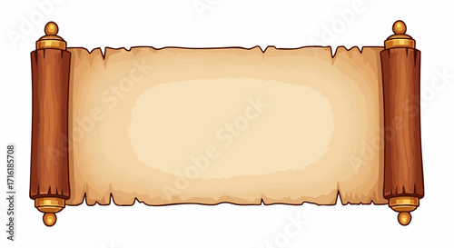 Elegant antique scroll with torn parchment and wooden rollers, perfect for historical themes and announcements.