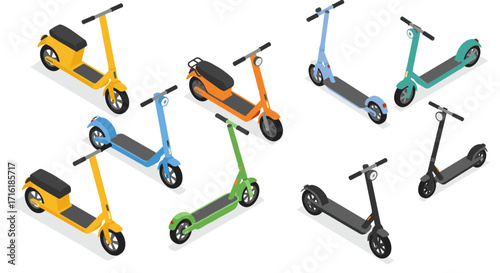 Isometric electric scooters set with vibrant colors and modern designs
