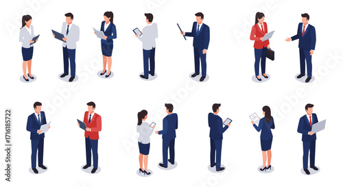 Business professionals engaging in collaborative work in isometric style