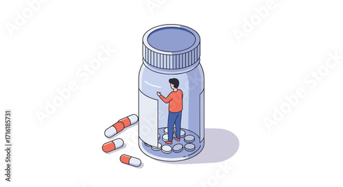 Isometric man trapped inside a pill bottle with capsules outside