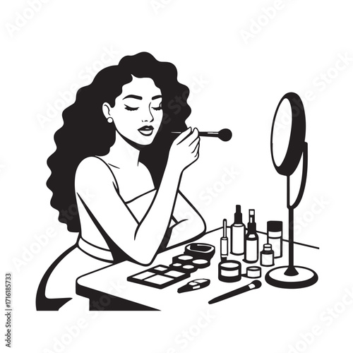 Black and white line art of a beautiful woman doing makeup at dressing table with mirror illustration
