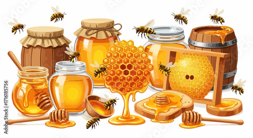 Sweet golden honey collection with bees and honeycomb in jars, barrel, and on toast
