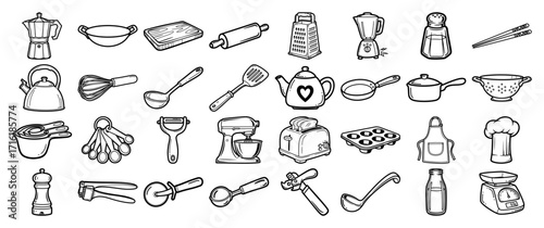 Hand Drawn Set of Kitchen and Cooking Utensils