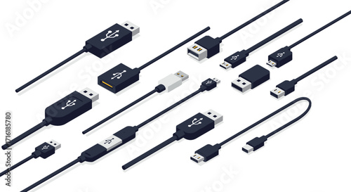Isometric usb cable set: diverse connectors and electronic accessories
