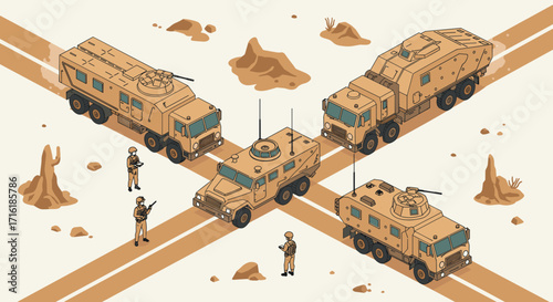 Military vehicles in desert intersection with soldiers in isometric style