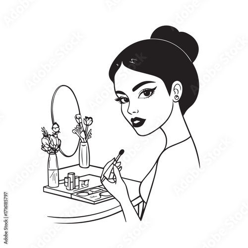 Black and white line art of a beautiful woman doing makeup at dressing table with mirror illustration