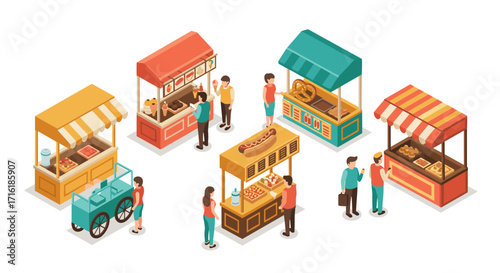 Colorful isometric marketplace with food stalls and diverse people