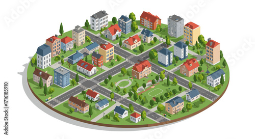 Charming isometric circular neighborhood with green spaces and crossroads